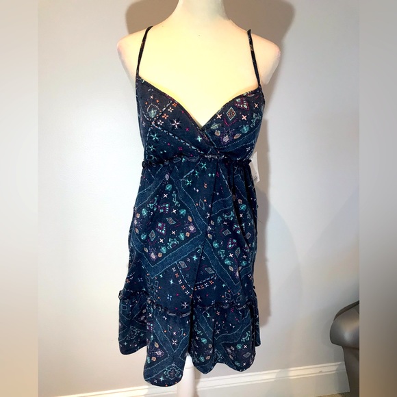 New With Tags! Women’s Sz Small SO Blue Print Sundress Casual Boho V Neck Dress - Picture 1 of 9